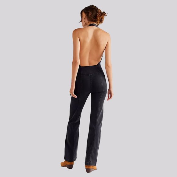 We The Free (Free People) Cruz Black Denim Halter Jumpsuit - Picture 2 of 7